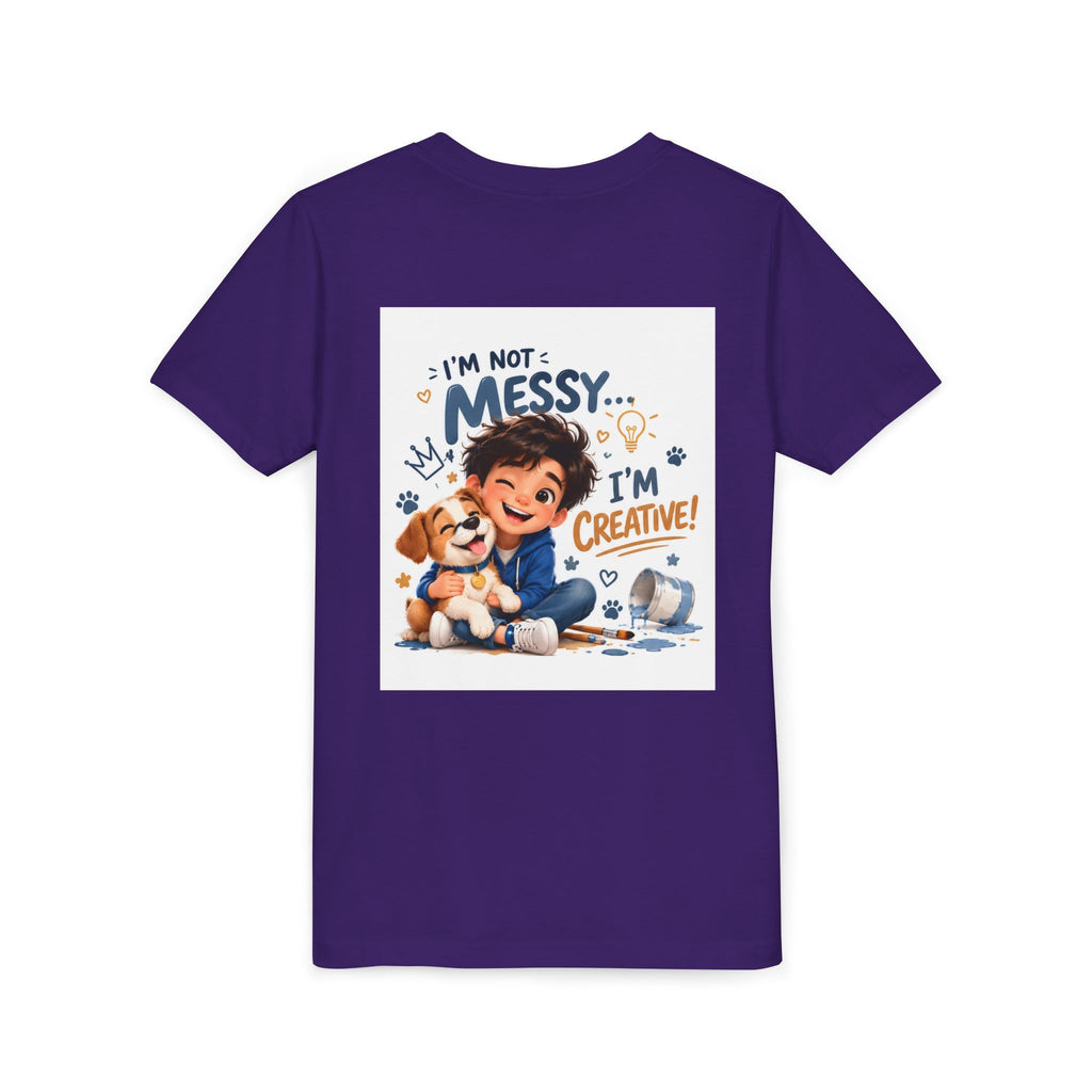 Youth Tee — "I'm Not Messy... I'm Creative!" Cute Kid & Puppy Art