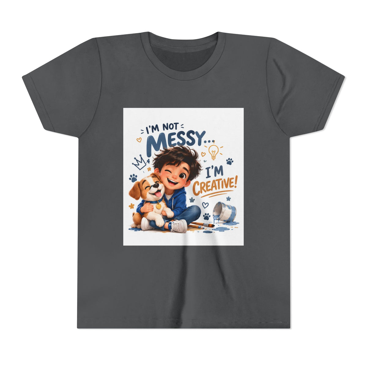 Youth Tee — "I'm Not Messy... I'm Creative!" Cute Kid & Puppy Art