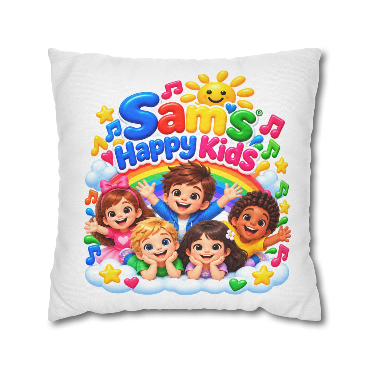 Personalized Kids Pillow — "Sam's Happy Kids" Colorful Cartoon Square Cushion