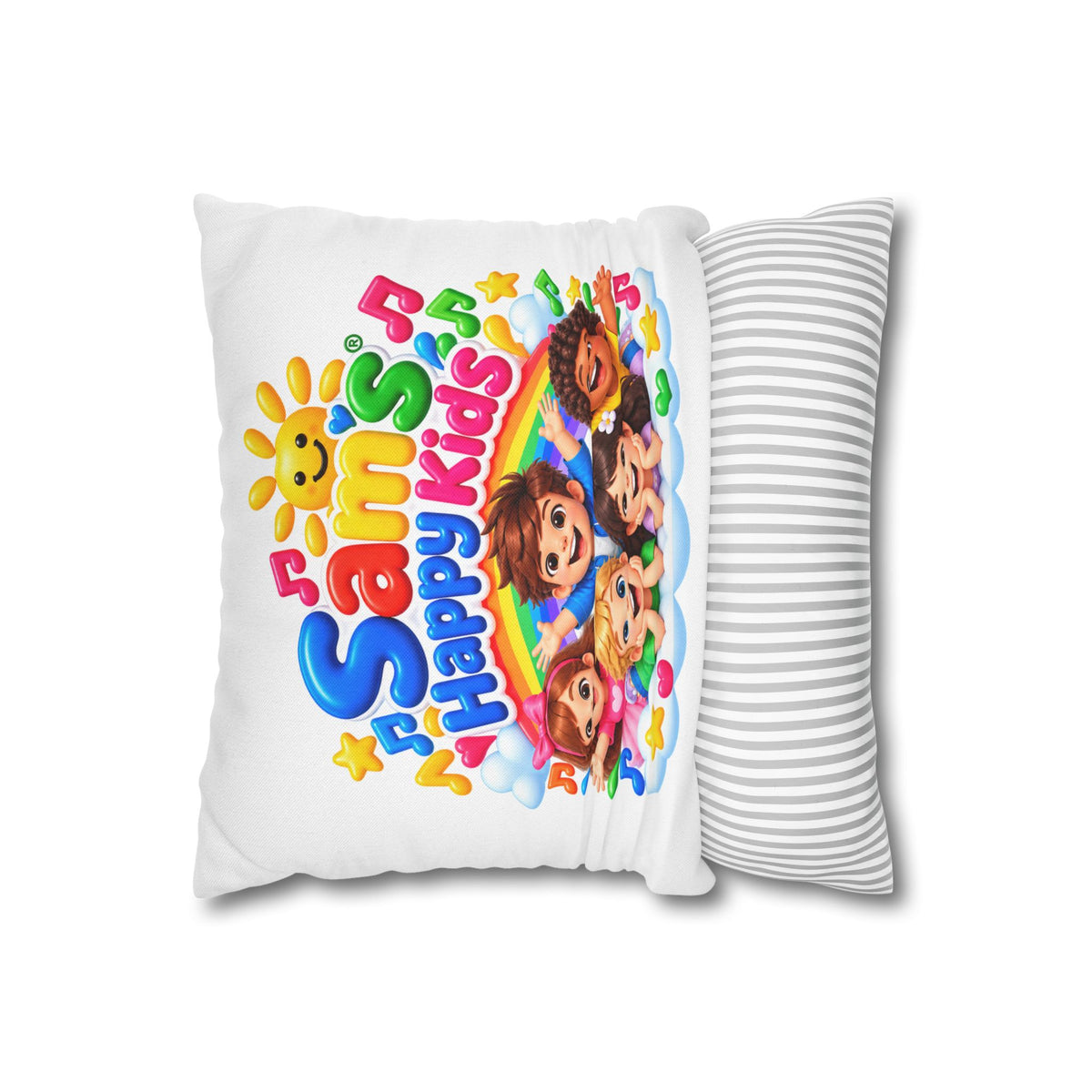 Personalized Kids Pillow — "Sam's Happy Kids" Colorful Cartoon Square Cushion