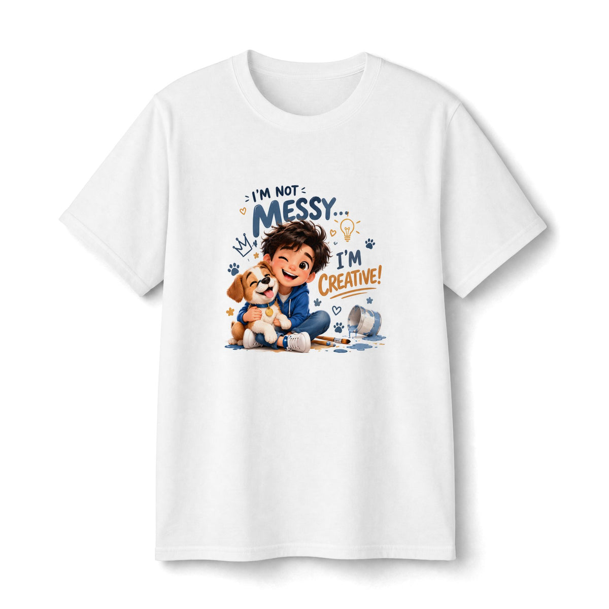 Youth Tee — "I'm Not Messy... I'm Creative!" Cute Kid & Puppy Playful Shirt