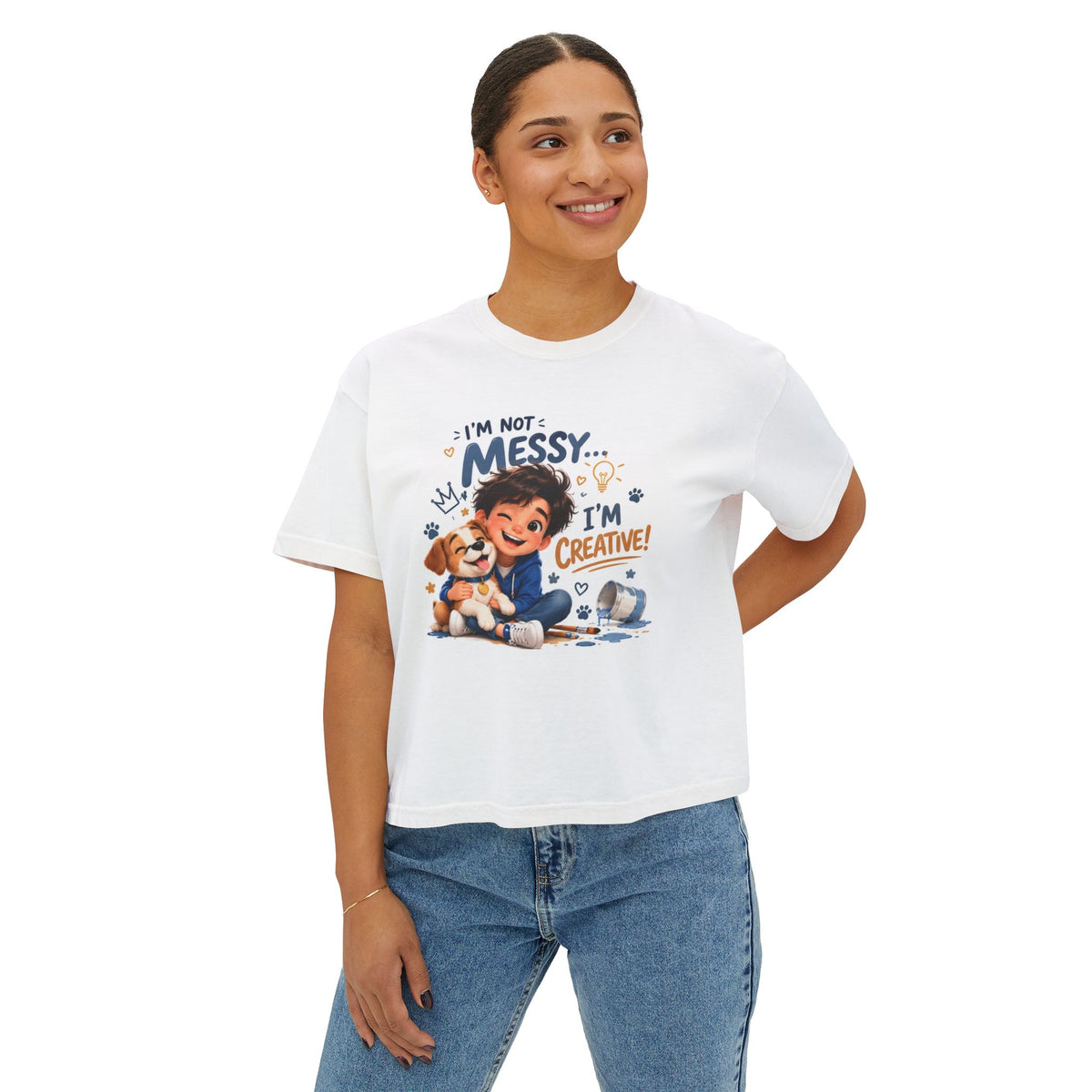 Women's Boxy Tee — "I'm Not Messy... I'm Creative!" Cute Kid & Puppy Art Shirt