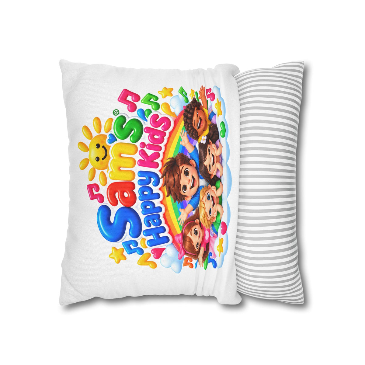 Personalized Kids Pillow — "Sam's Happy Kids" Colorful Cartoon Square Cushion