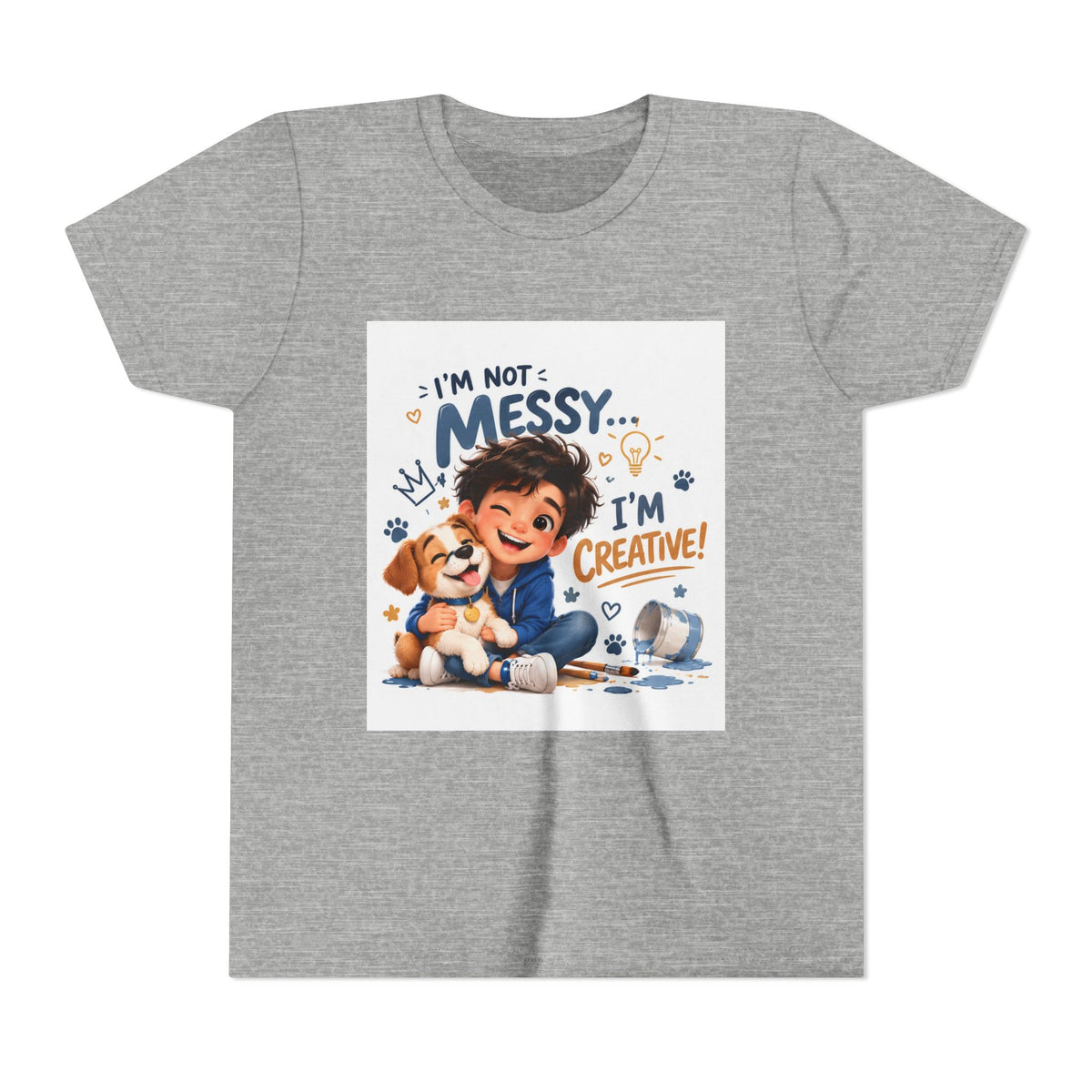 Youth Tee — "I'm Not Messy... I'm Creative!" Cute Kid & Puppy Art