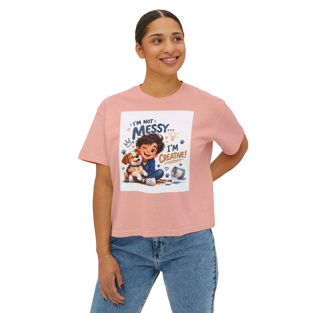 Women's Boxy Tee — "I'm Not Messy... I'm Creative!" Cute Kid & Puppy Art Shirt
