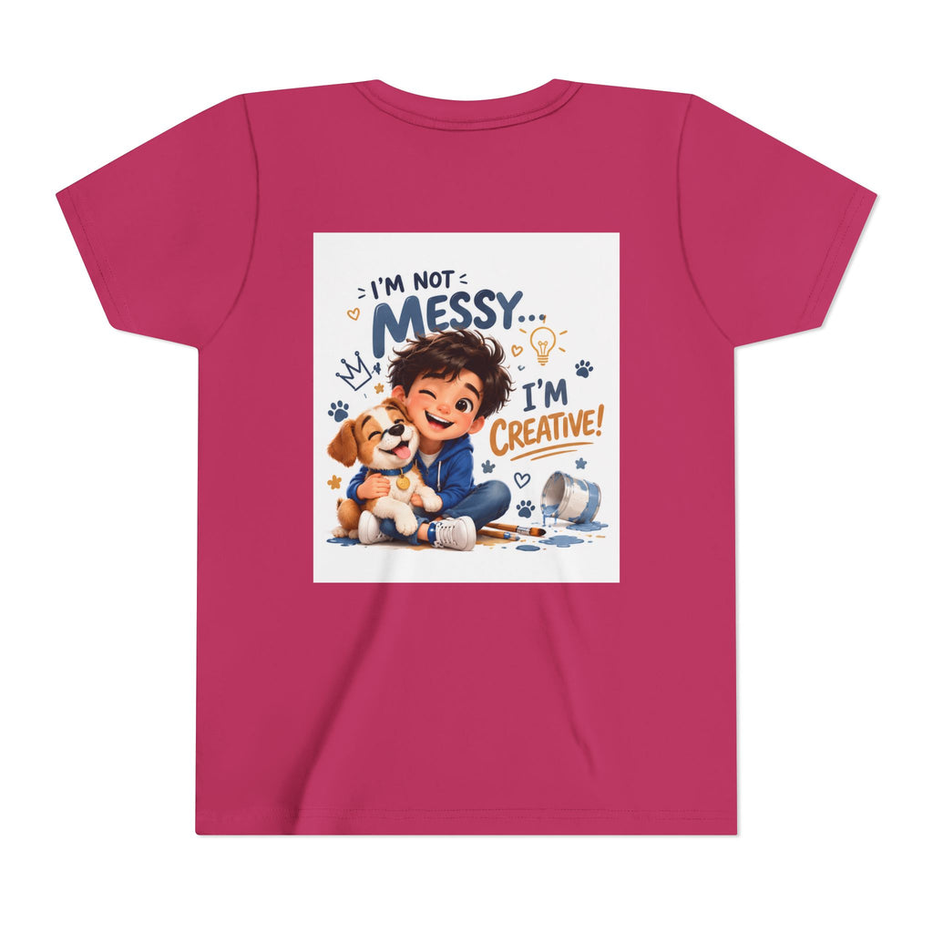 Youth Tee — "I'm Not Messy... I'm Creative!" Cute Kid & Puppy Art