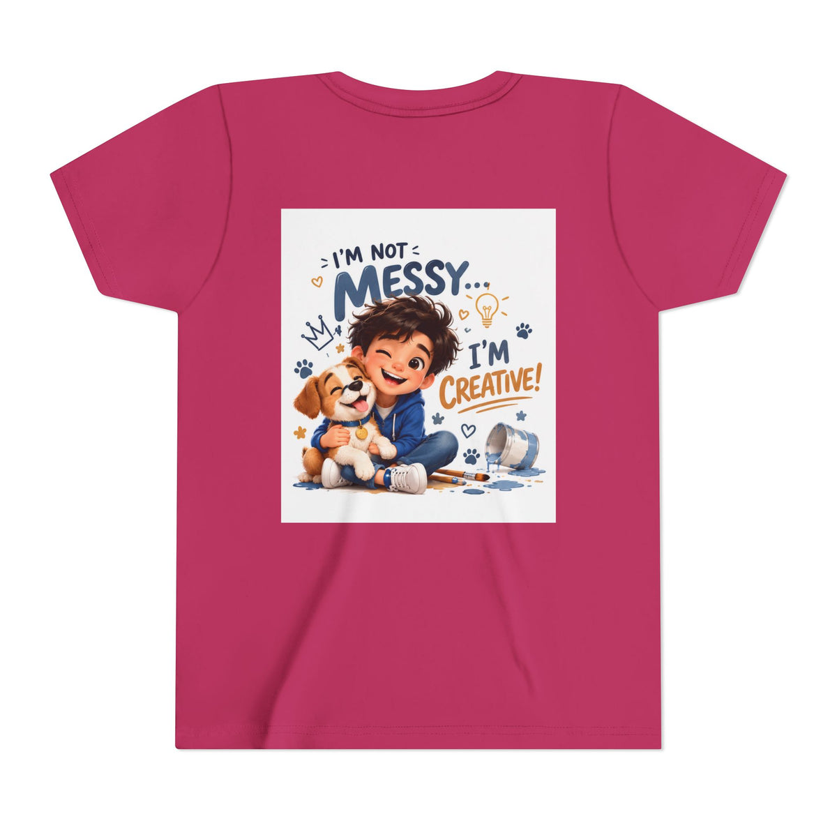 Youth Tee — "I'm Not Messy... I'm Creative!" Cute Kid & Puppy Art