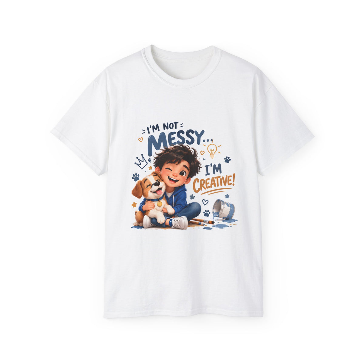 Kids' T-Shirt — "I'm Not Messy... I'm Creative!" Cute Boy & Puppy Art