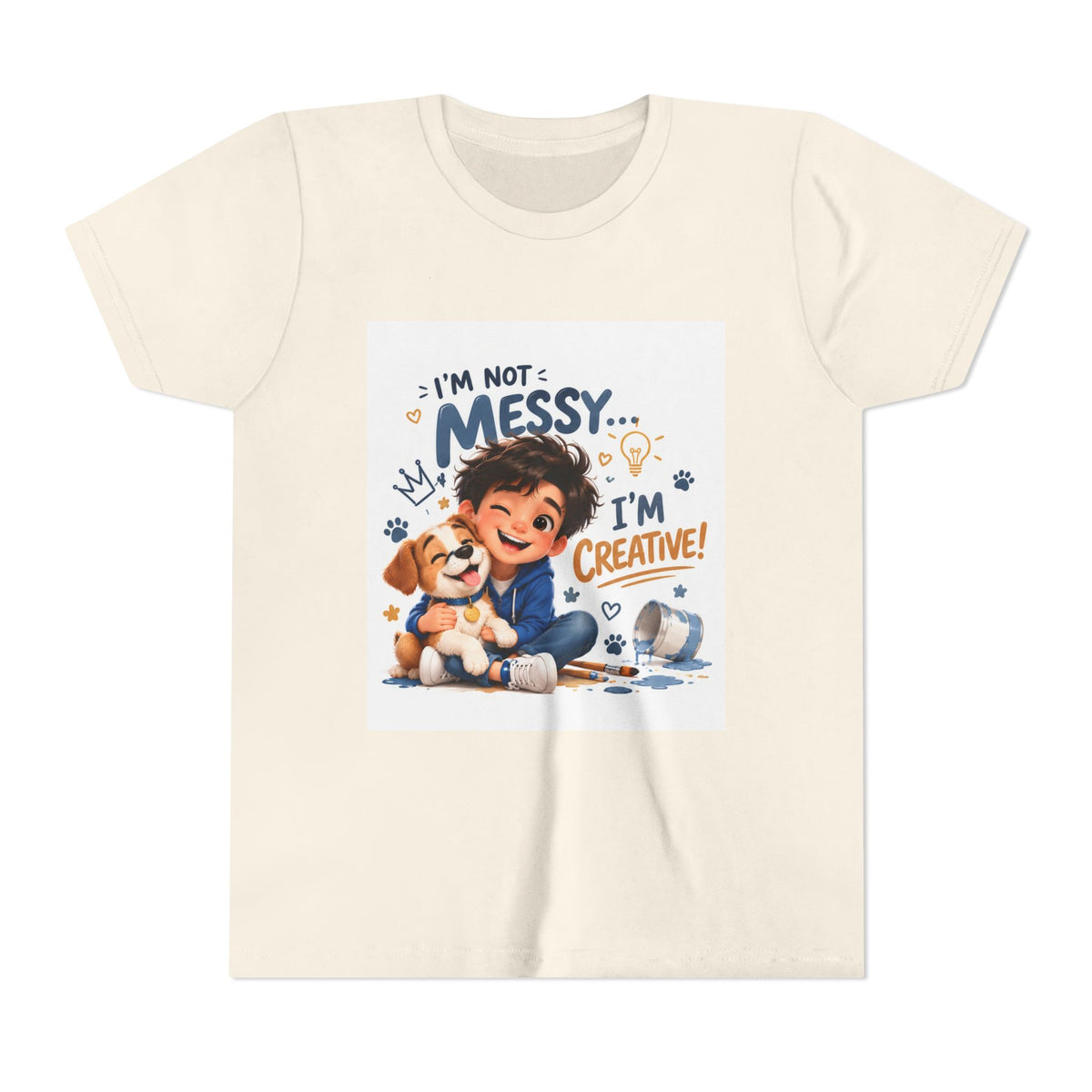 Youth Tee — "I'm Not Messy... I'm Creative!" Cute Kid & Puppy Art
