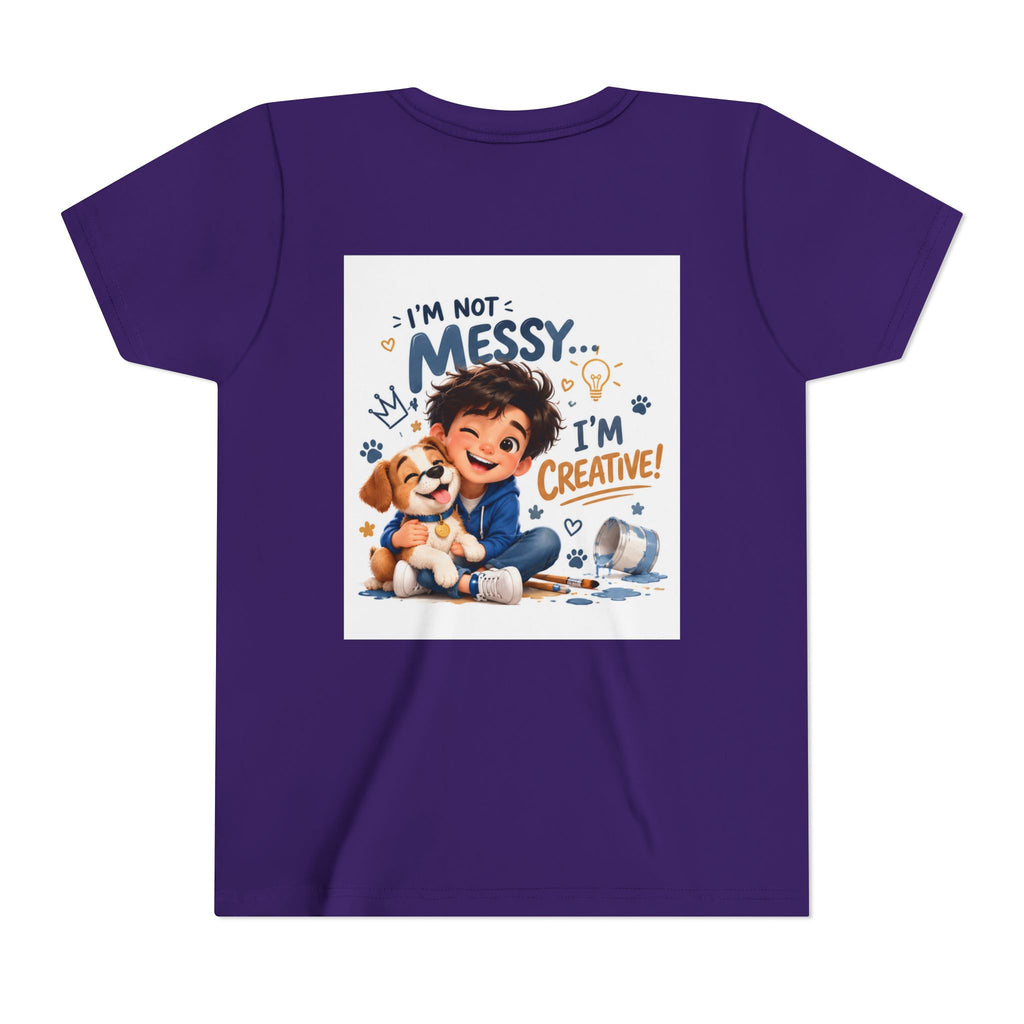 Youth Tee — "I'm Not Messy... I'm Creative!" Cute Kid & Puppy Art