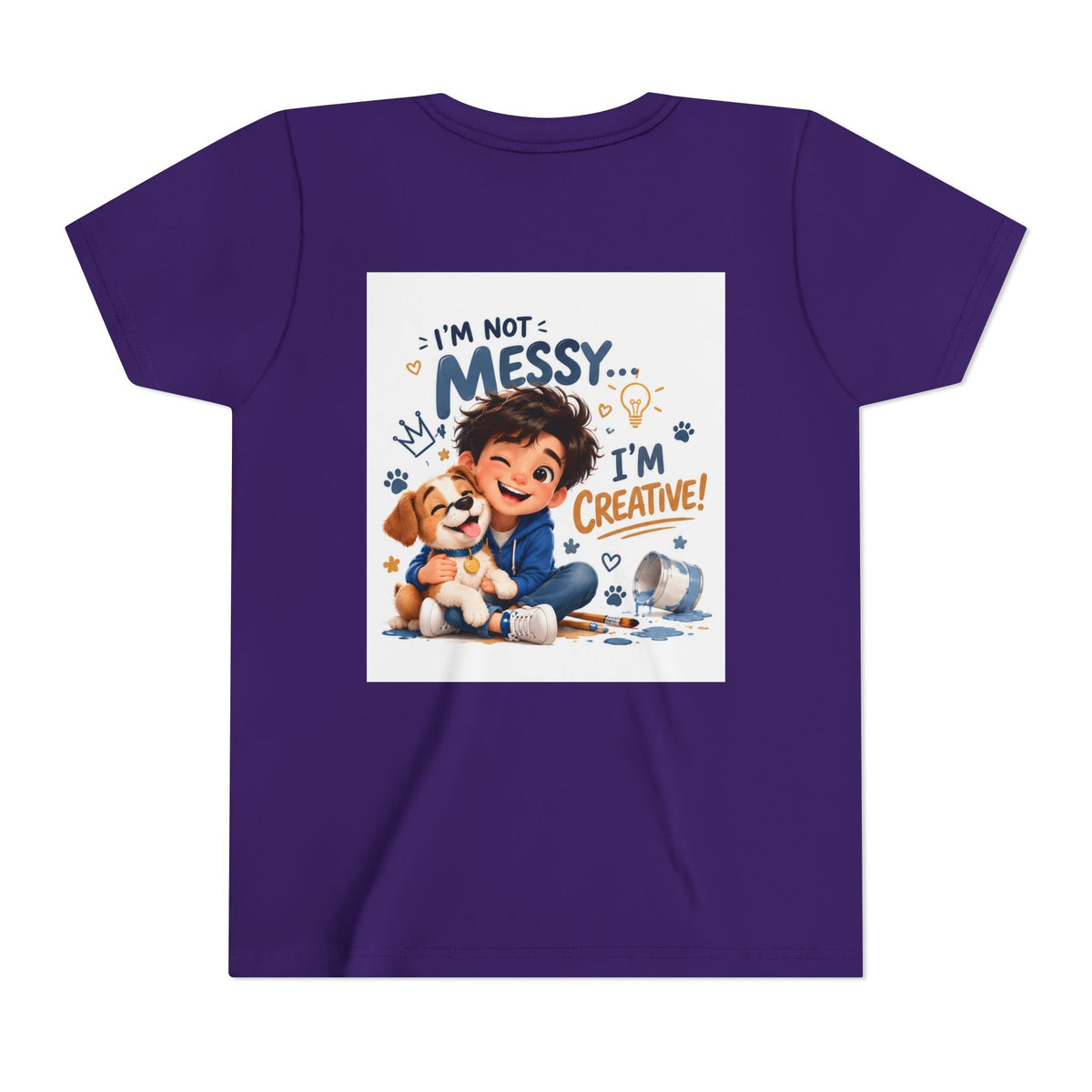Youth Tee — "I'm Not Messy... I'm Creative!" Cute Kid & Puppy Art