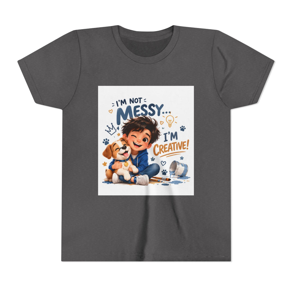 Youth Tee — "I'm Not Messy... I'm Creative!" Cute Kid & Puppy Art