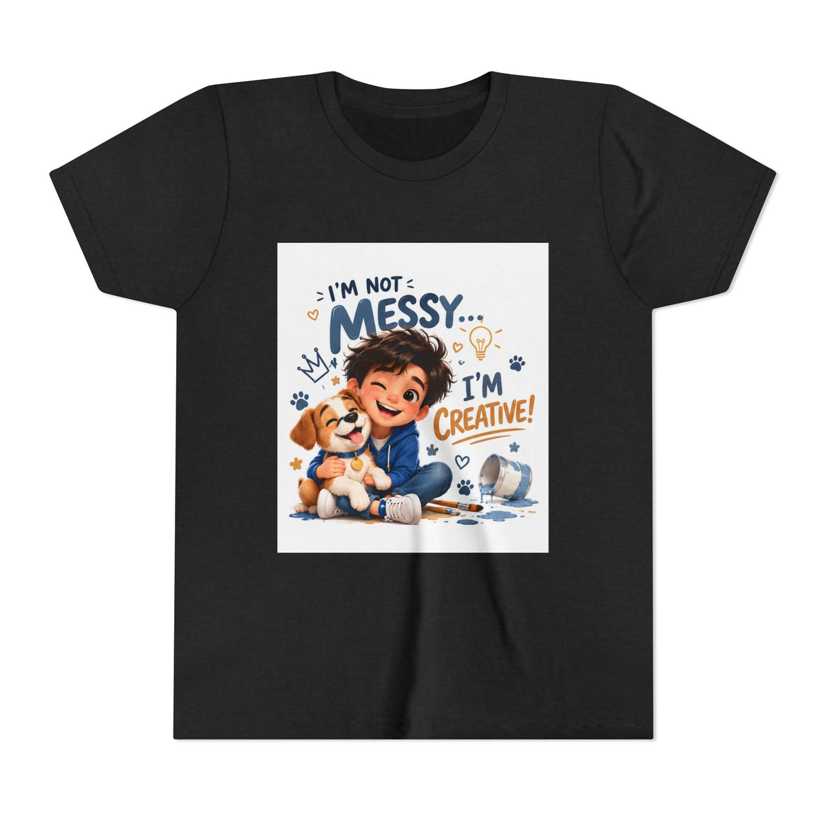 Youth Tee — "I'm Not Messy... I'm Creative!" Cute Kid & Puppy Art