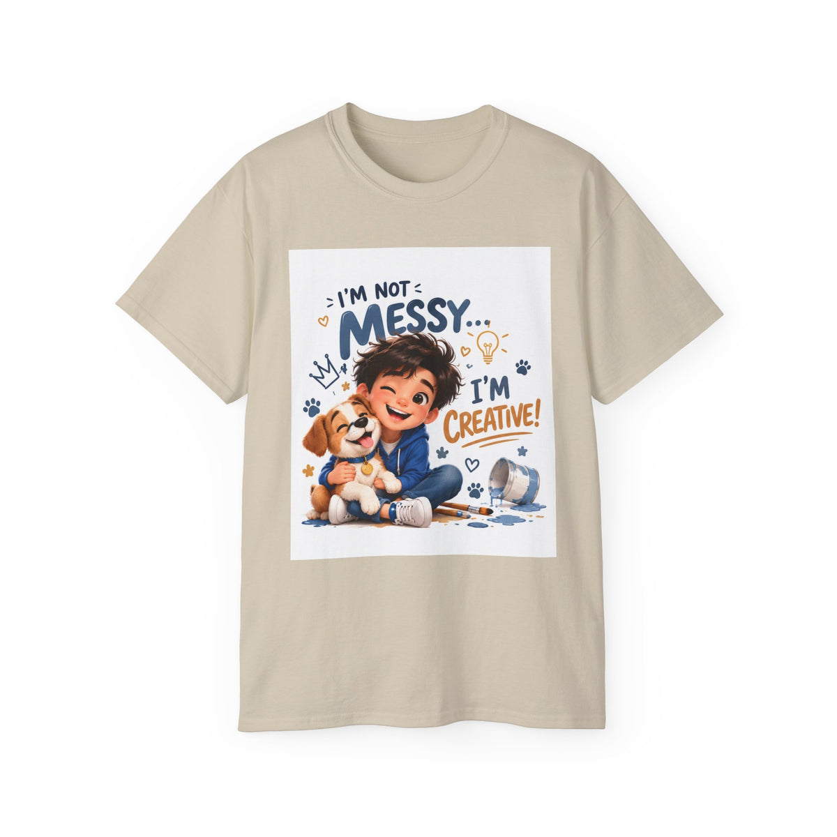 Kids' T-Shirt — "I'm Not Messy... I'm Creative!" Cute Boy & Puppy Art