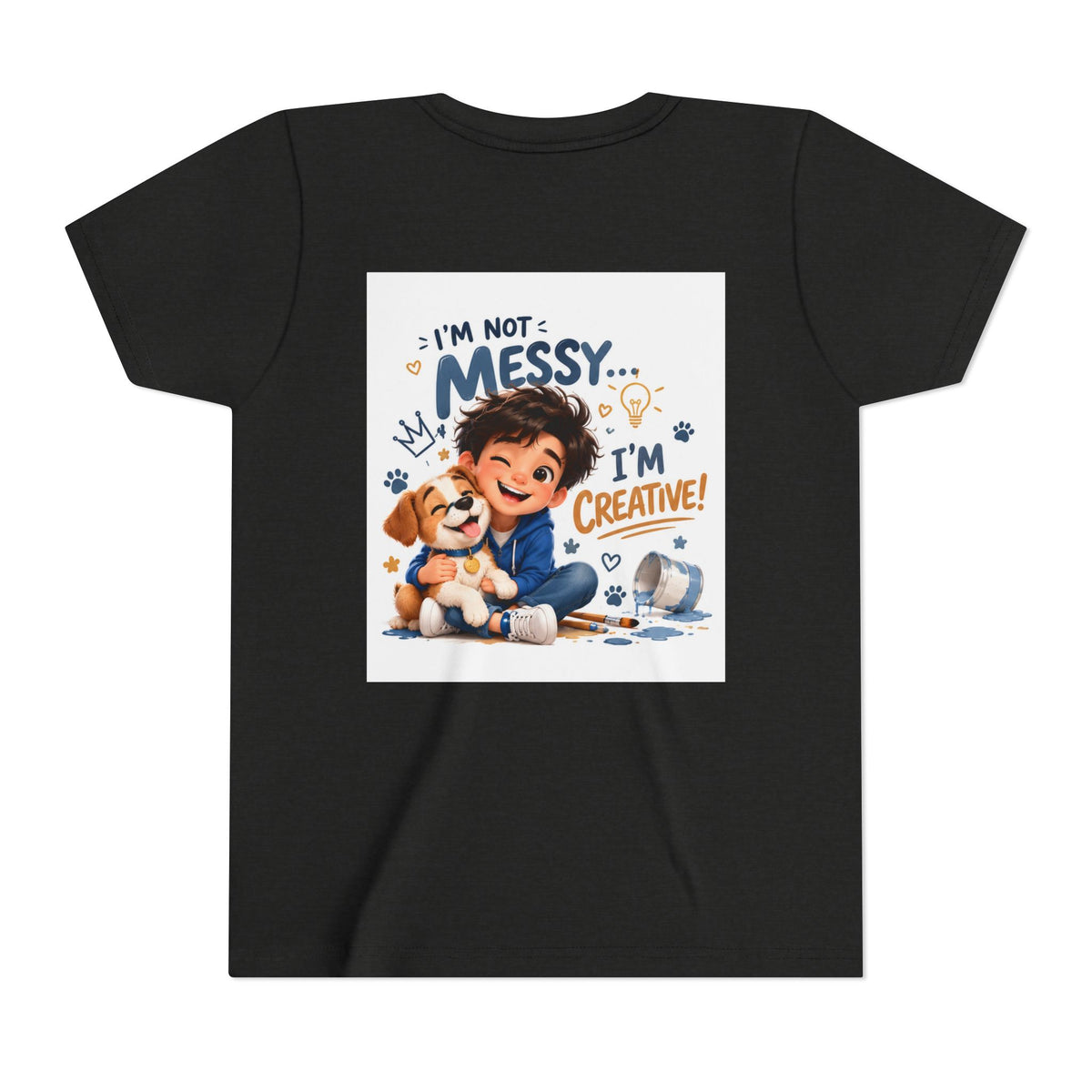 Youth Tee — "I'm Not Messy... I'm Creative!" Cute Kid & Puppy Art