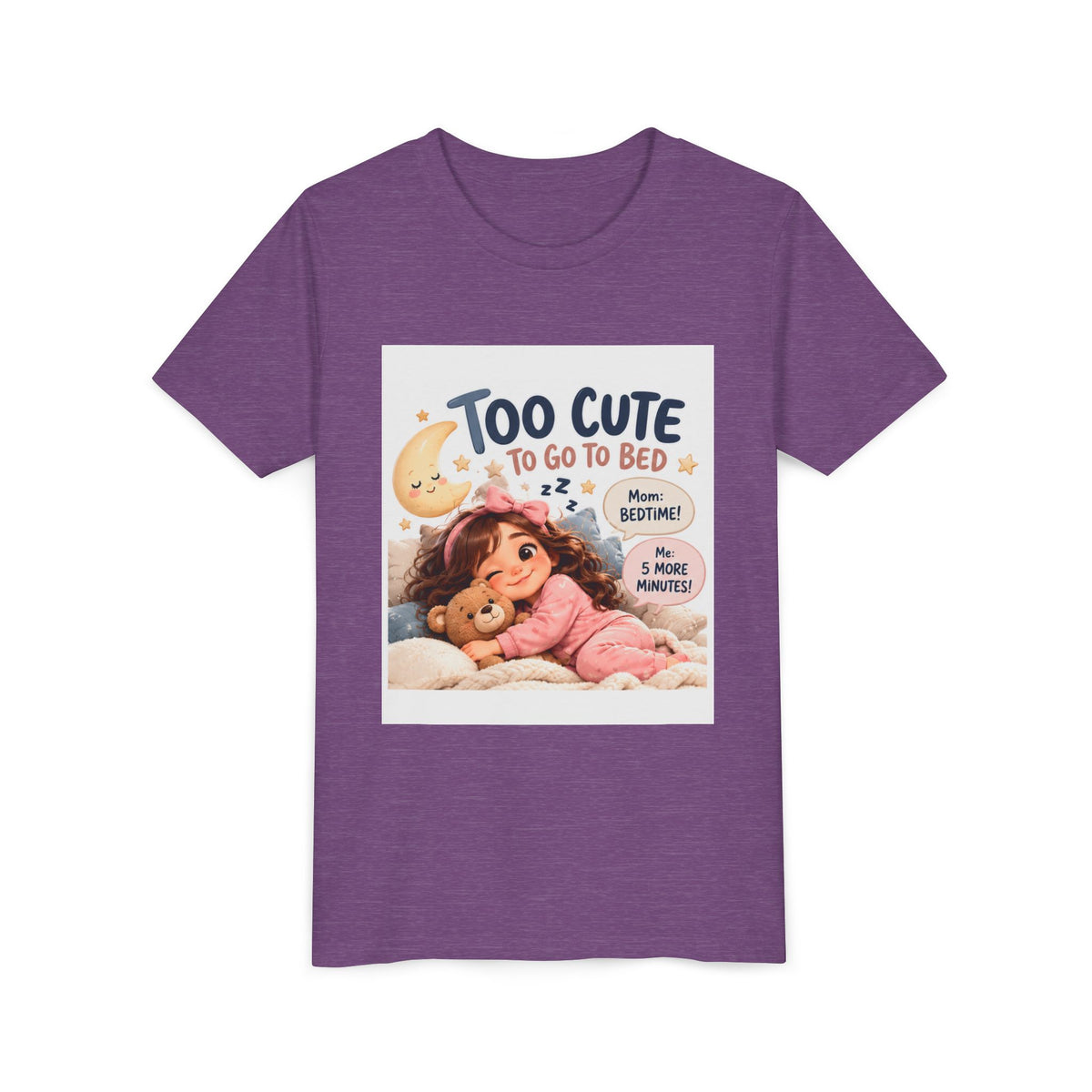 Youth Tee — "Too Cute to Go to Bed" Bedtime Graphic Shirt