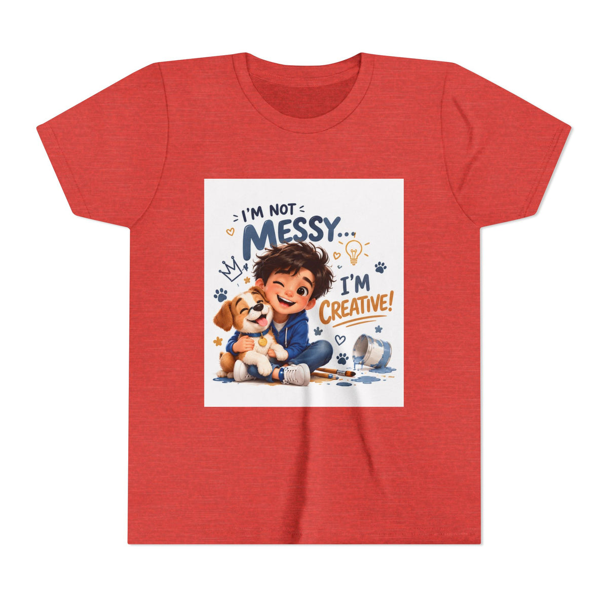 Youth Tee — "I'm Not Messy... I'm Creative!" Cute Kid & Puppy Art