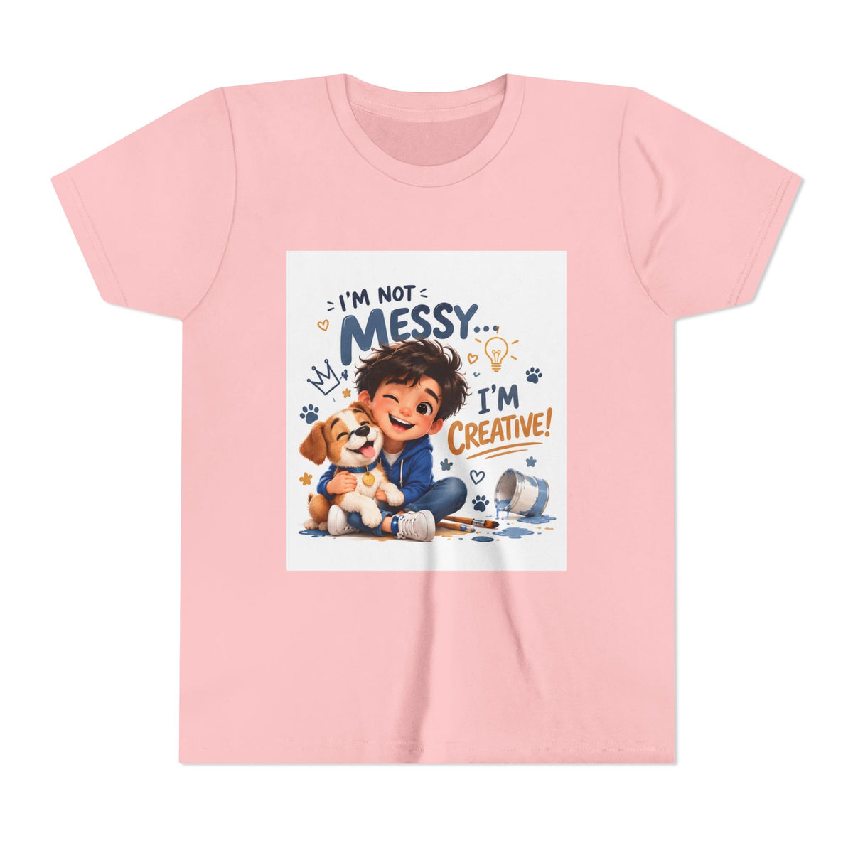Youth Tee — "I'm Not Messy... I'm Creative!" Cute Kid & Puppy Art