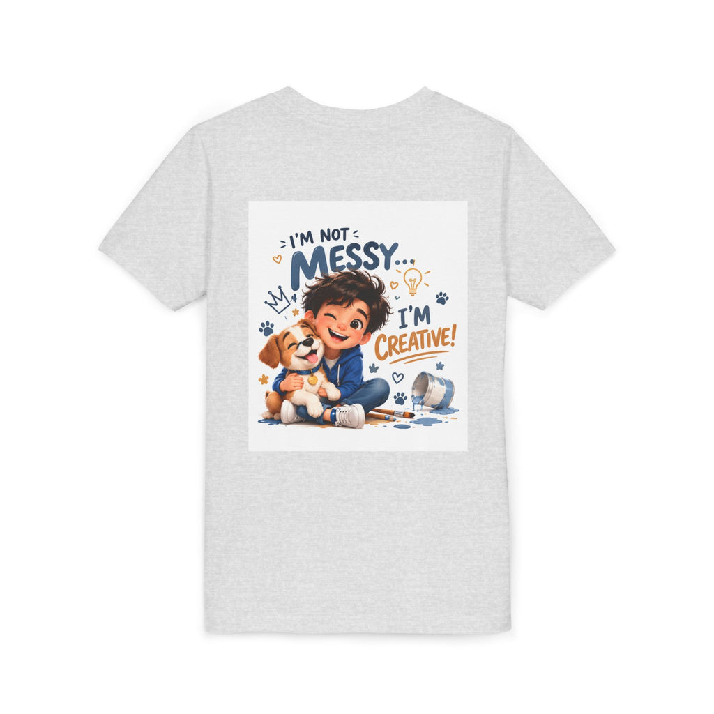 Youth Tee — "I'm Not Messy... I'm Creative!" Cute Kid & Puppy Art