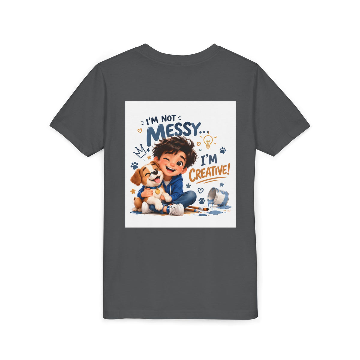Youth Tee — "I'm Not Messy... I'm Creative!" Cute Kid & Puppy Art