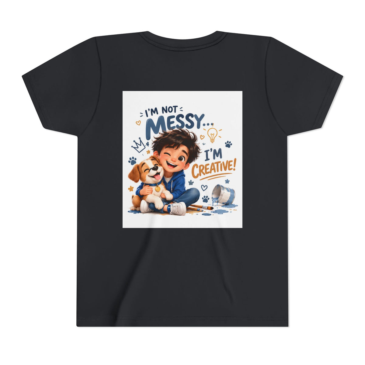 Youth Tee — "I'm Not Messy... I'm Creative!" Cute Kid & Puppy Art