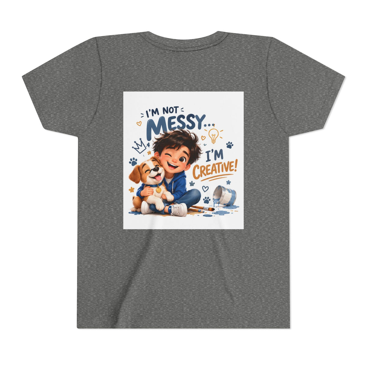 Youth Tee — "I'm Not Messy... I'm Creative!" Cute Kid & Puppy Art