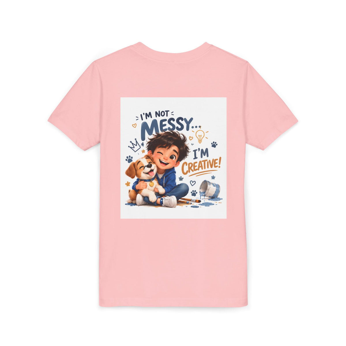 Youth Tee — "I'm Not Messy... I'm Creative!" Cute Kid & Puppy Art