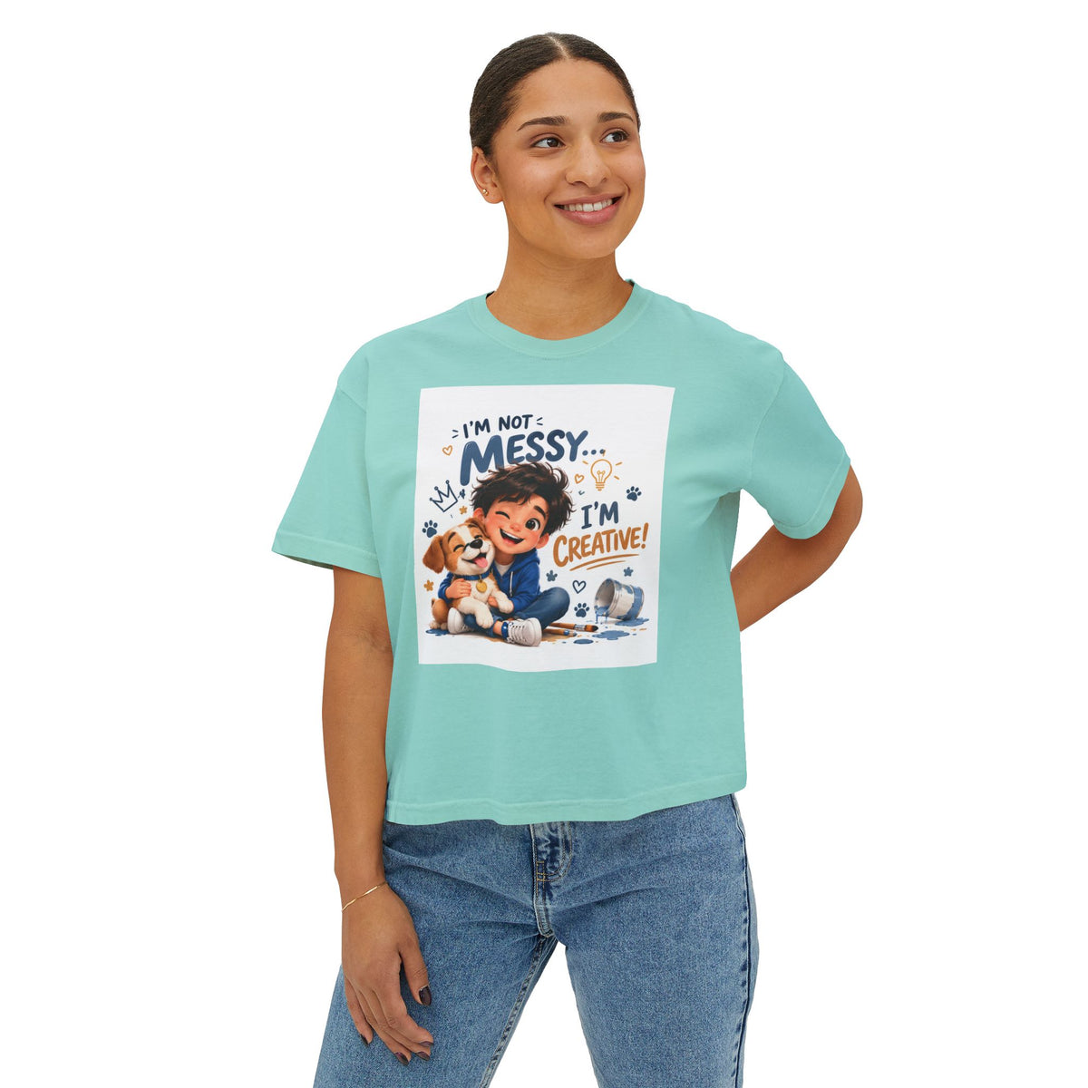 Women's Boxy Tee — "I'm Not Messy... I'm Creative!" Cute Kid & Puppy Art Shirt