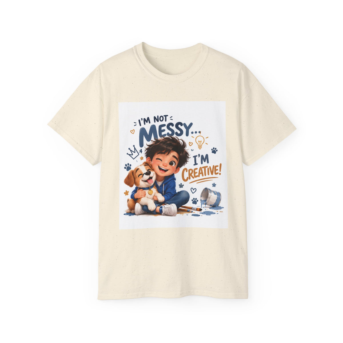Kids' T-Shirt — "I'm Not Messy... I'm Creative!" Cute Boy & Puppy Art