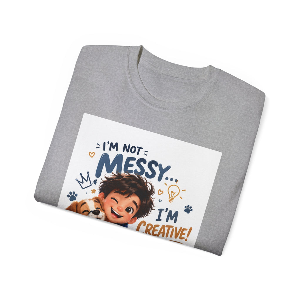 Kids' T-Shirt — "I'm Not Messy... I'm Creative!" Cute Boy & Puppy Art