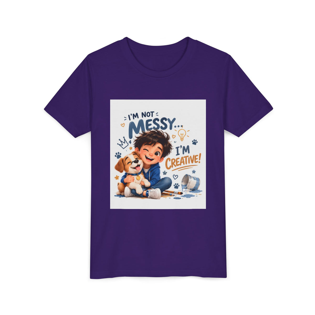 Youth Tee — "I'm Not Messy... I'm Creative!" Cute Kid & Puppy Art