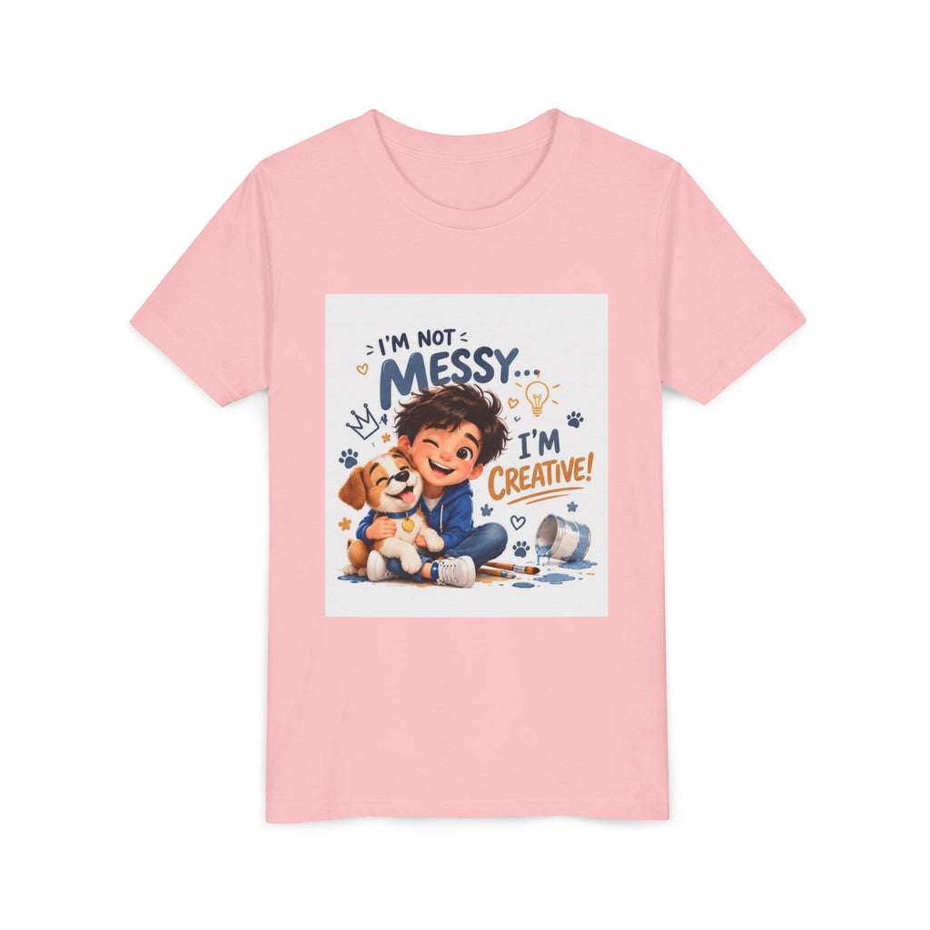 Youth Tee — "I'm Not Messy... I'm Creative!" Cute Kid & Puppy Art