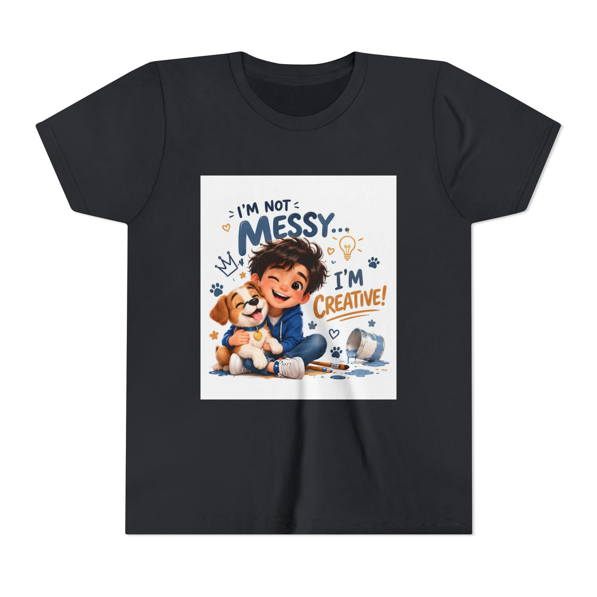 Youth Tee — "I'm Not Messy... I'm Creative!" Cute Kid & Puppy Art