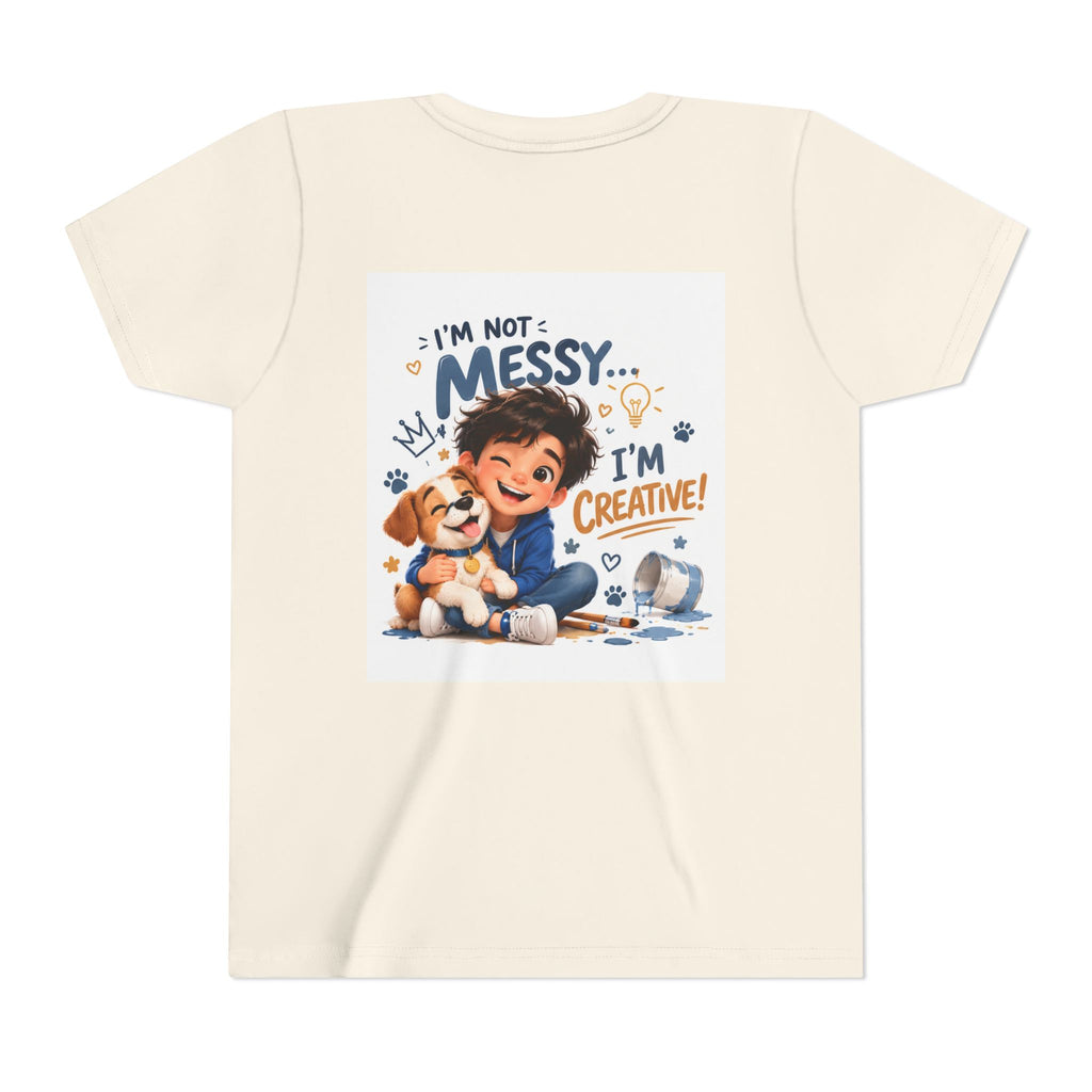 Youth Tee — "I'm Not Messy... I'm Creative!" Cute Kid & Puppy Art