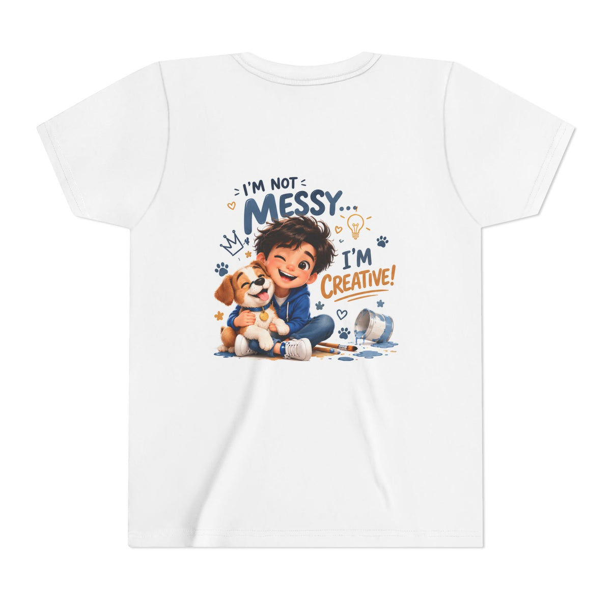 Youth Tee — "I'm Not Messy... I'm Creative!" Cute Kid & Puppy Art