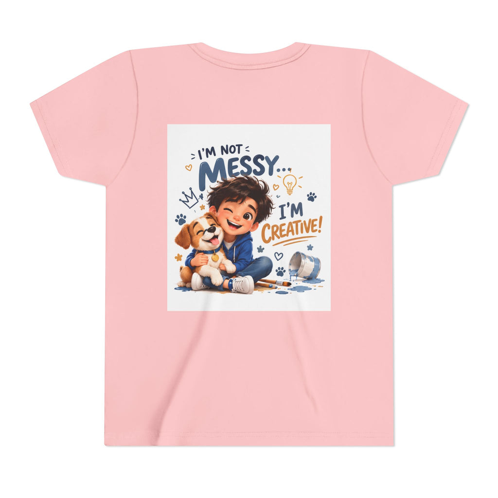 Youth Tee — "I'm Not Messy... I'm Creative!" Cute Kid & Puppy Art