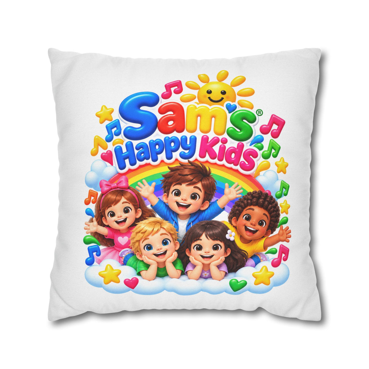 Personalized Kids Pillow — "Sam's Happy Kids" Colorful Cartoon Square Cushion