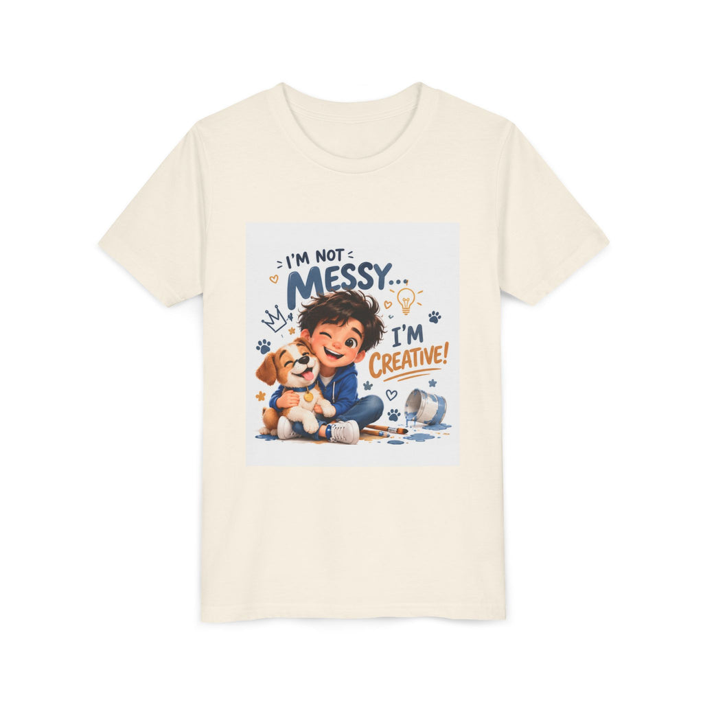Youth Tee — "I'm Not Messy... I'm Creative!" Cute Kid & Puppy Art