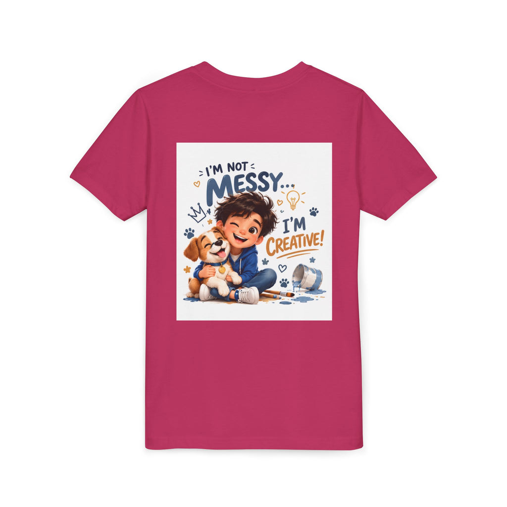 Youth Tee — "I'm Not Messy... I'm Creative!" Cute Kid & Puppy Art