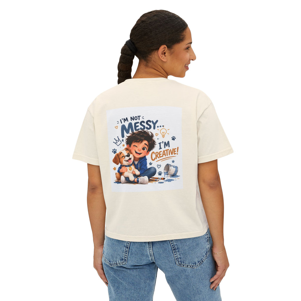 Women's Boxy Tee — "I'm Not Messy... I'm Creative!" Cute Kid & Puppy Art Shirt