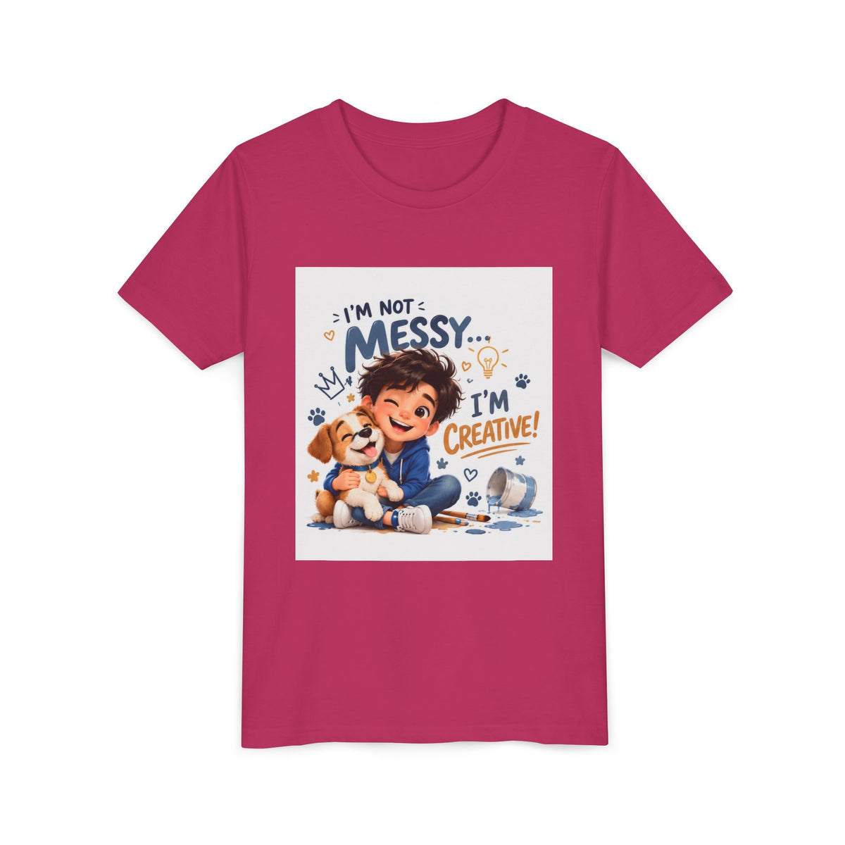 Youth Tee — "I'm Not Messy... I'm Creative!" Cute Kid & Puppy Art