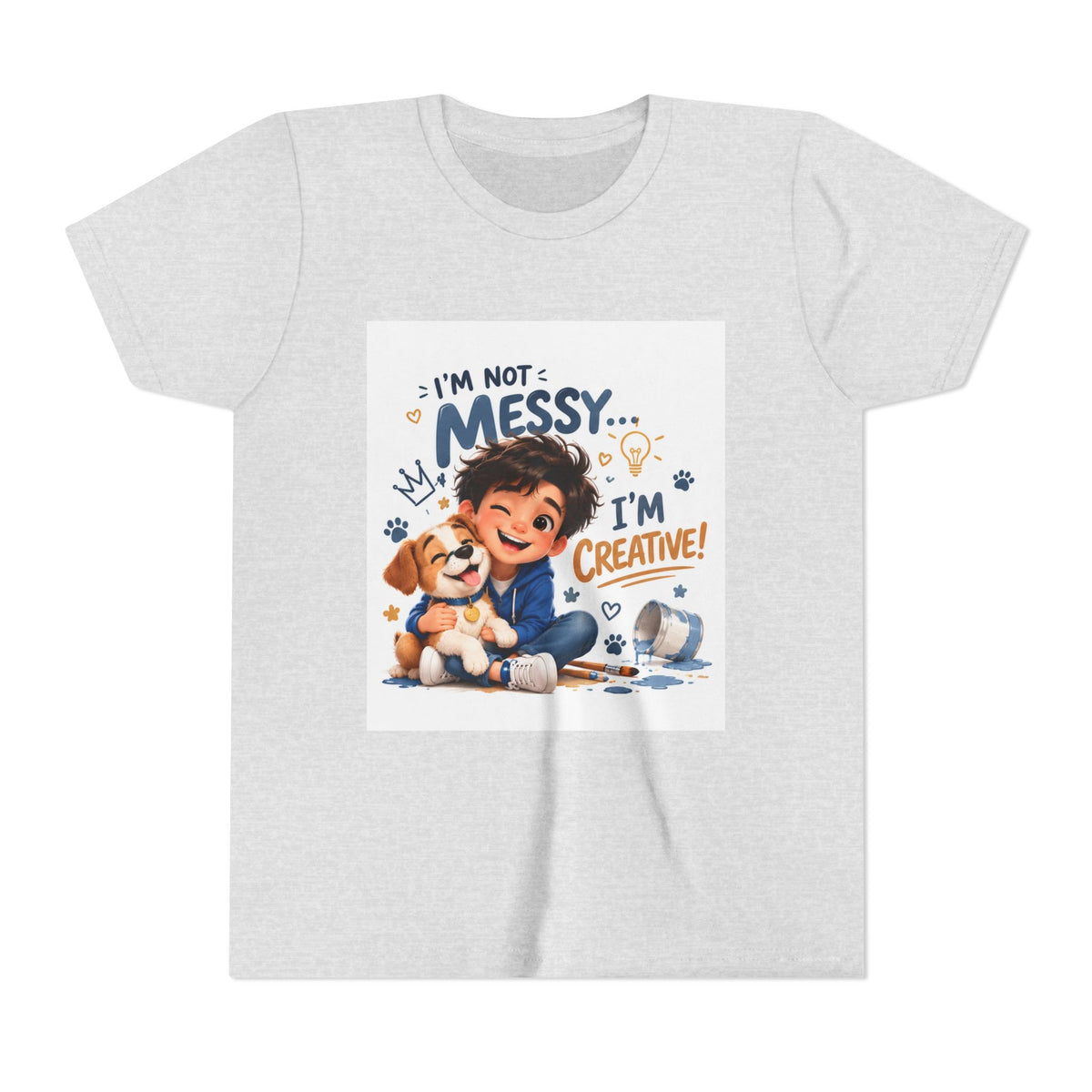 Youth Tee — "I'm Not Messy... I'm Creative!" Cute Kid & Puppy Art