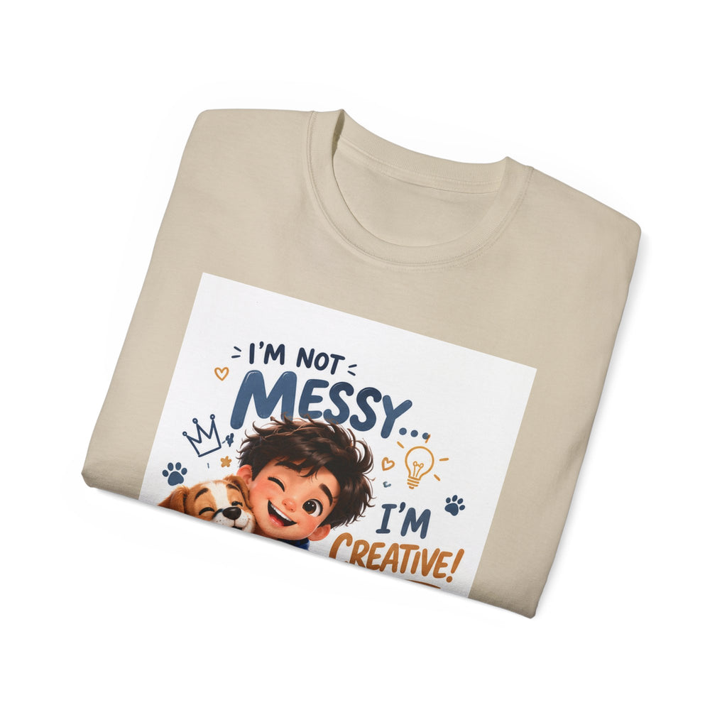 Kids' T-Shirt — "I'm Not Messy... I'm Creative!" Cute Boy & Puppy Art