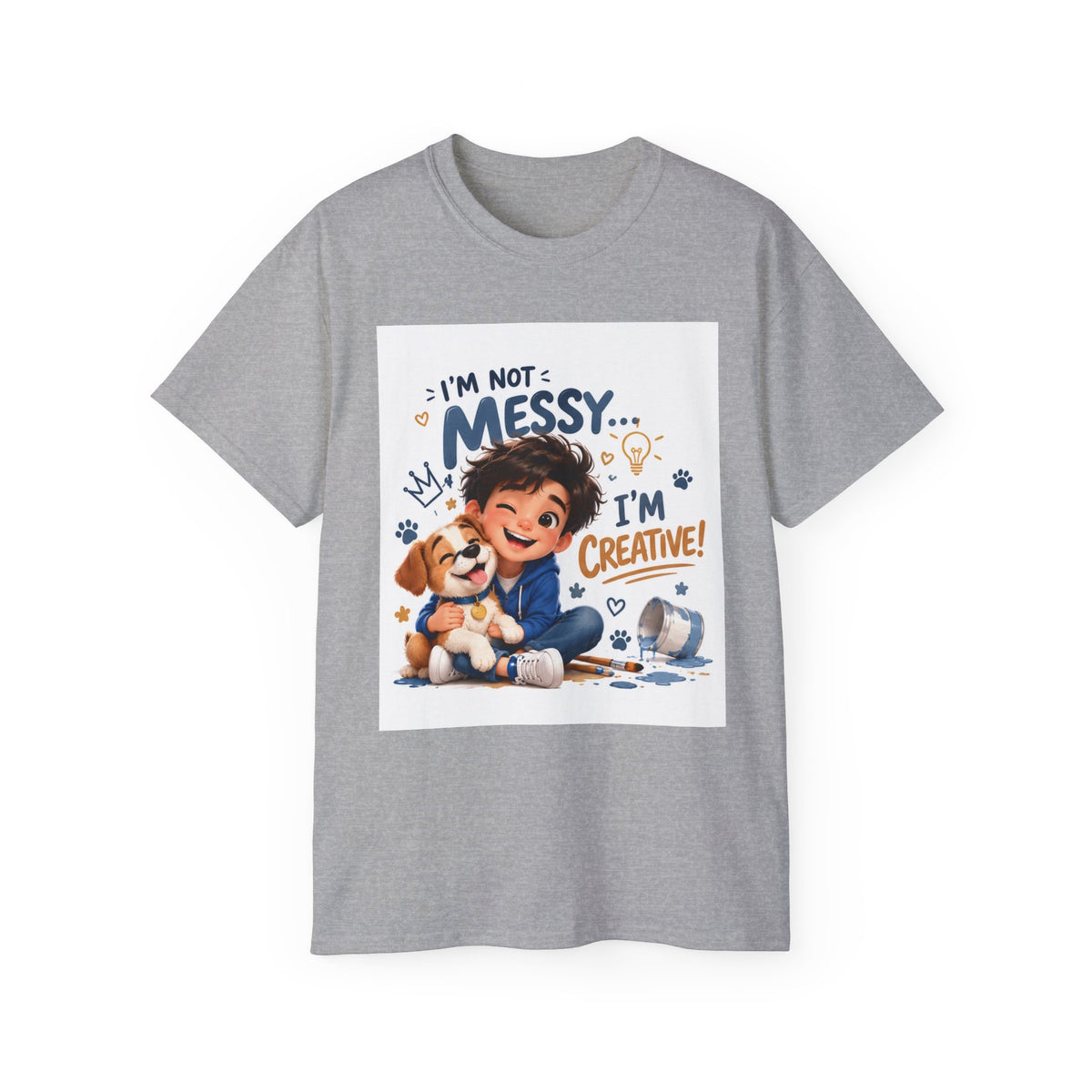 Kids' T-Shirt — "I'm Not Messy... I'm Creative!" Cute Boy & Puppy Art