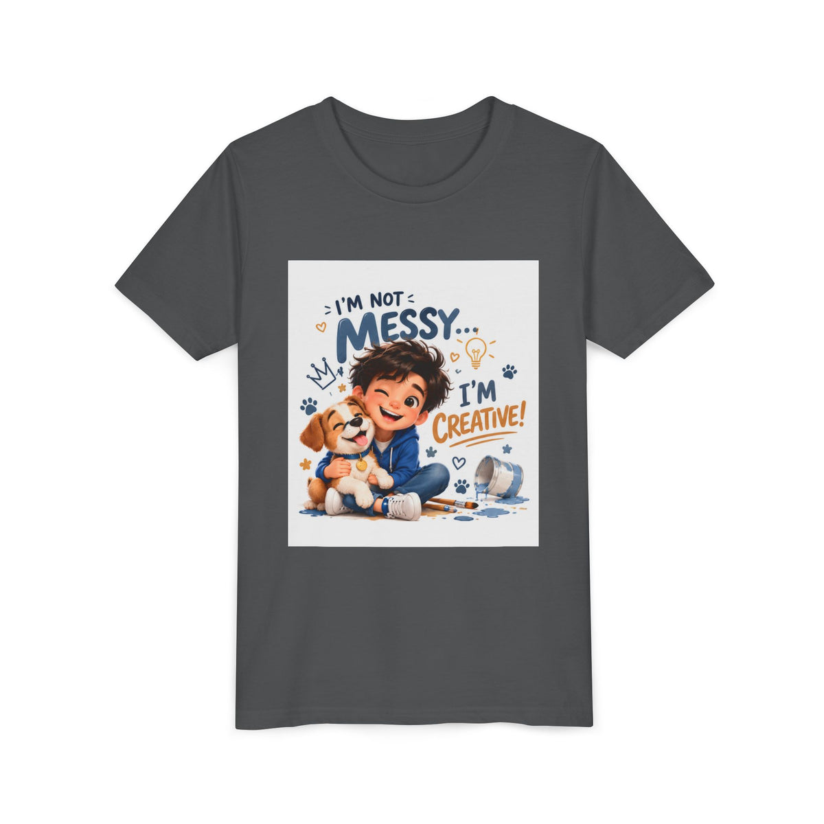 Youth Tee — "I'm Not Messy... I'm Creative!" Cute Kid & Puppy Art