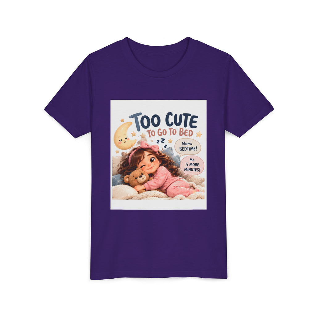 Youth Tee — "Too Cute to Go to Bed" Bedtime Graphic Shirt