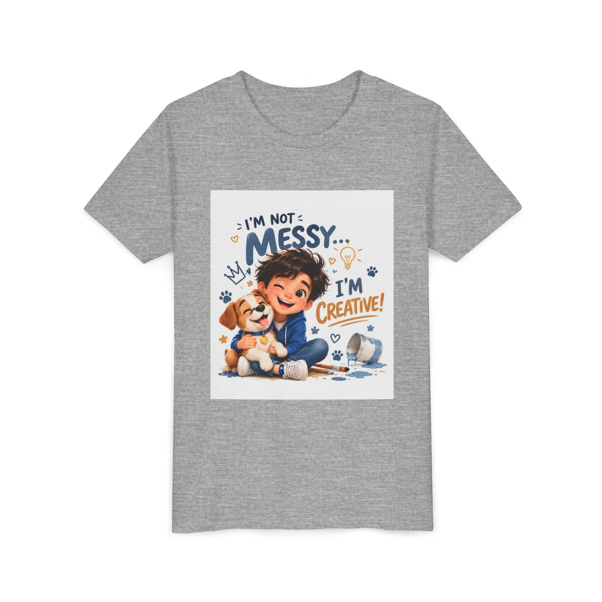 Youth Tee — "I'm Not Messy... I'm Creative!" Cute Kid & Puppy Art