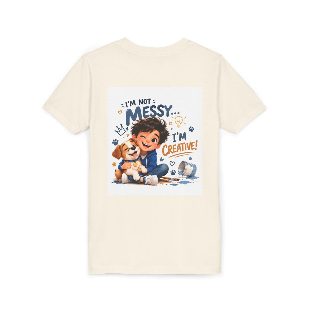 Youth Tee — "I'm Not Messy... I'm Creative!" Cute Kid & Puppy Art