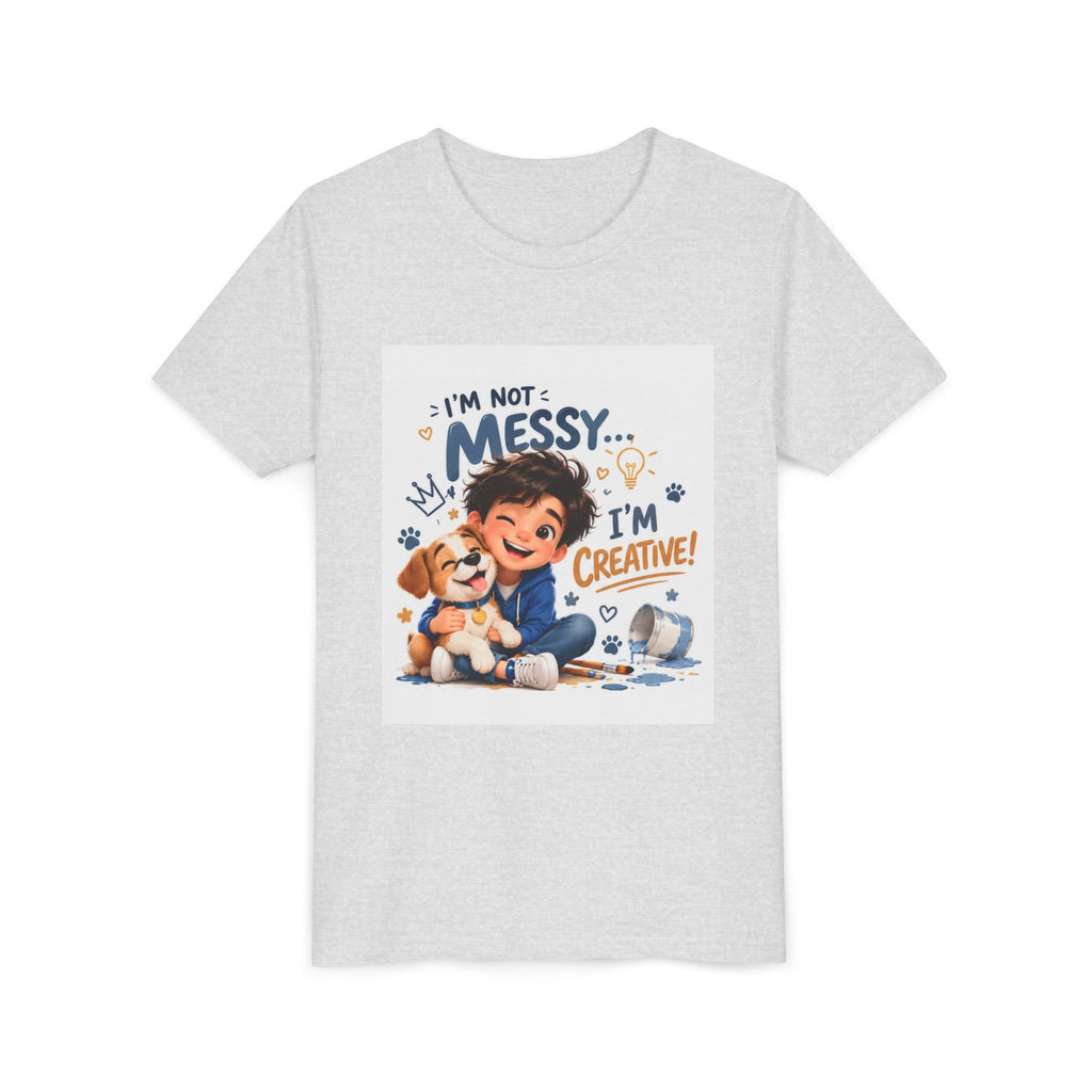 Youth Tee — "I'm Not Messy... I'm Creative!" Cute Kid & Puppy Art