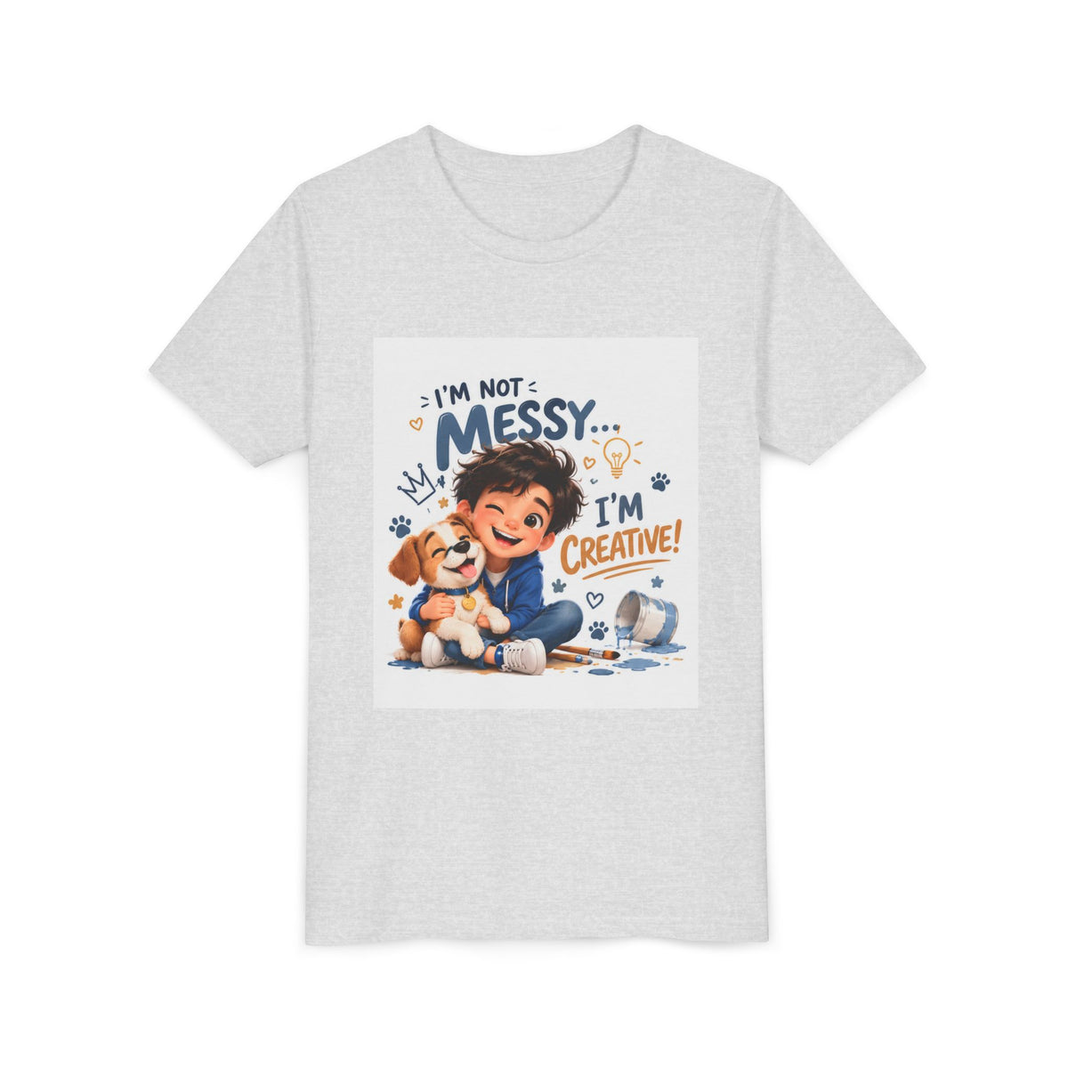 Youth Tee — "I'm Not Messy... I'm Creative!" Cute Kid & Puppy Art